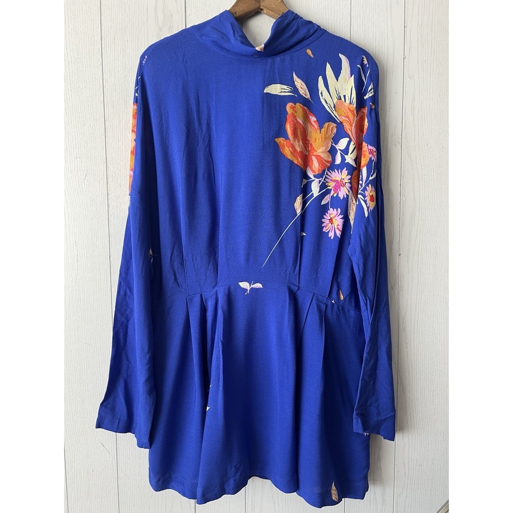 Free People Mini Gemma Tunic Dress Blue Floral Back Tie Short Long Sleeve Medium